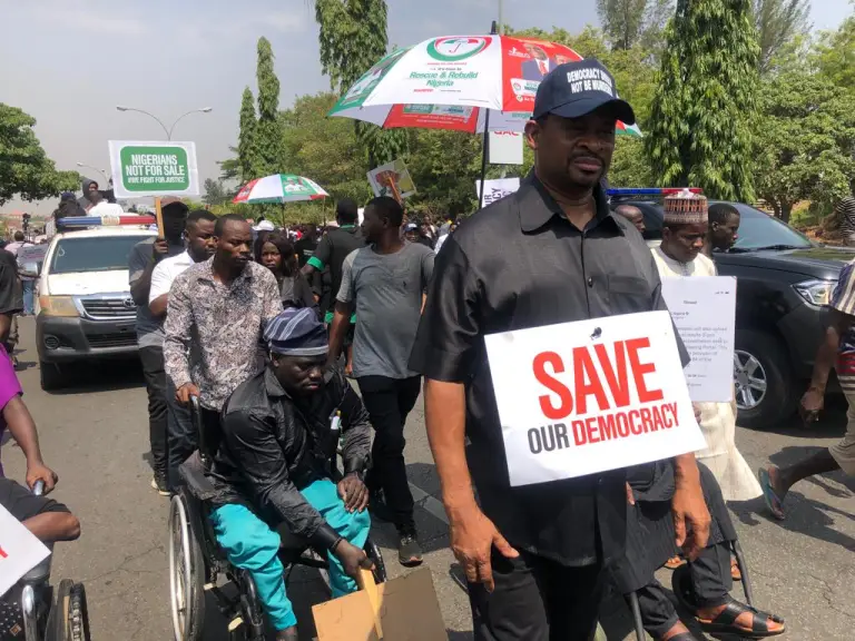 Photos: Atiku, Ayu, others lead protest to INEC hqtr in Abuja